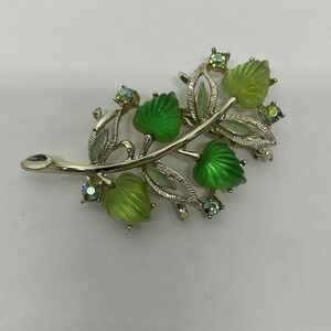 Coro Style Green Glass Leaves Aurora Borealis Brooch